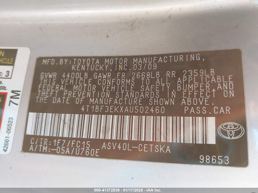 2010 TOYOTA CAMRY VIN: 4T1BF3EKXAU502460