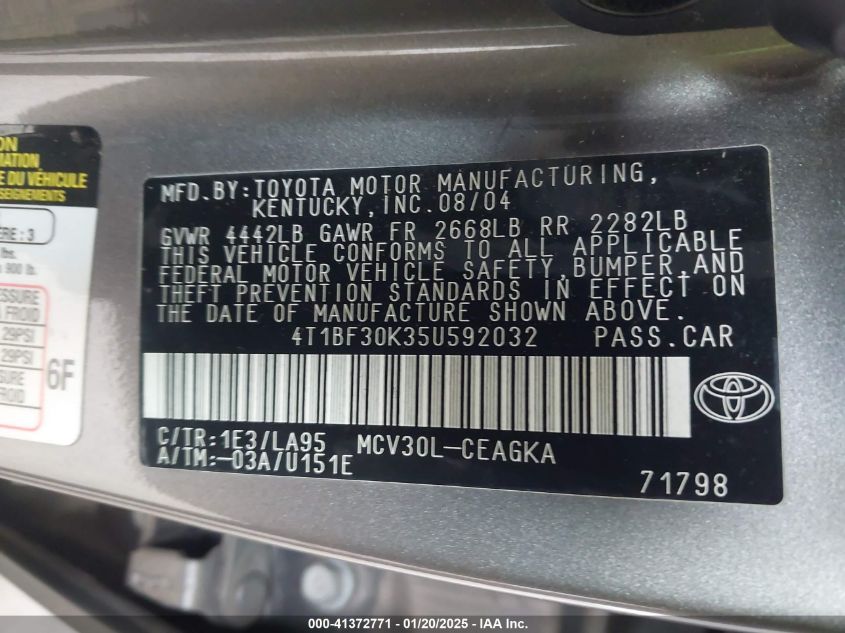 2005 Toyota Camry Le V6/Xle V6 VIN: 4T1BF30K35U592032 Lot: 41372771