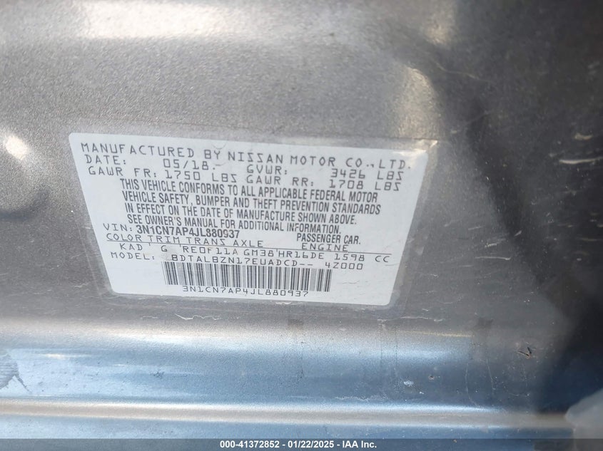 2018 NISSAN VERSA VIN: 3N1CN7AP4JL880937