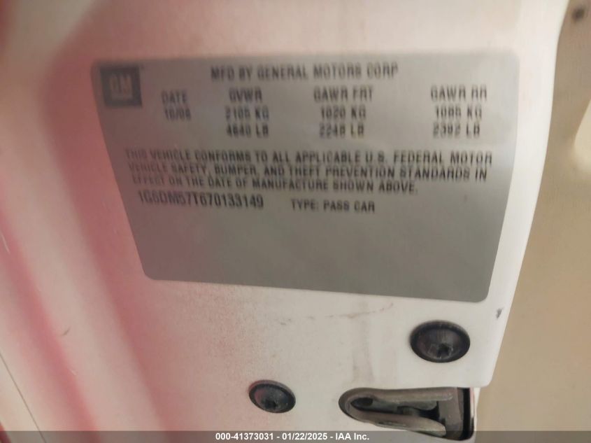 2007 Cadillac Cts Standard VIN: 1G6DM57T670133149 Lot: 41373031