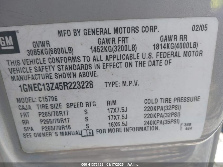2005 Chevrolet Tahoe Lt VIN: 1GNEC13Z45R223228 Lot: 41373128