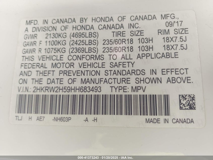 2017 HONDA CR-V EX - 2HKRW2H59HH683493