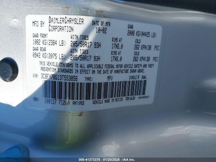 2003 Chrysler Pt Cruiser Gt VIN: 3C8FY78G131553254 Lot: 41373370