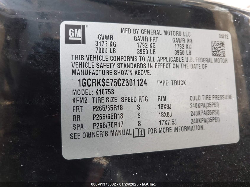 2012 CHEVROLET SILVERADO 1500 VIN: 1GCRKSE75CZ301124