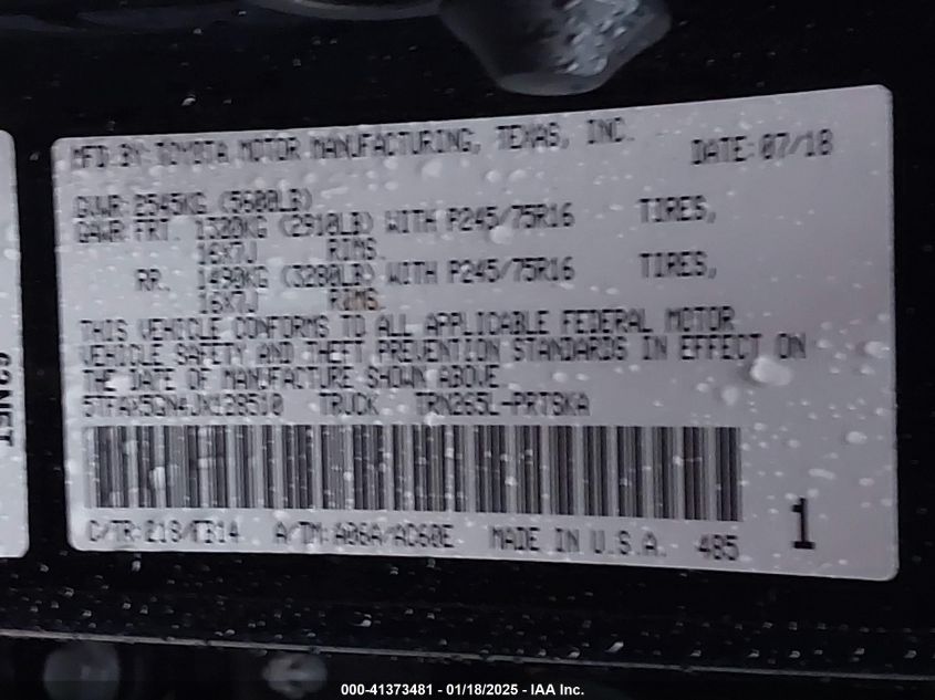 2018 Toyota Tacoma Sr VIN: 5TFAX5GN4JX128510 Lot: 41373481