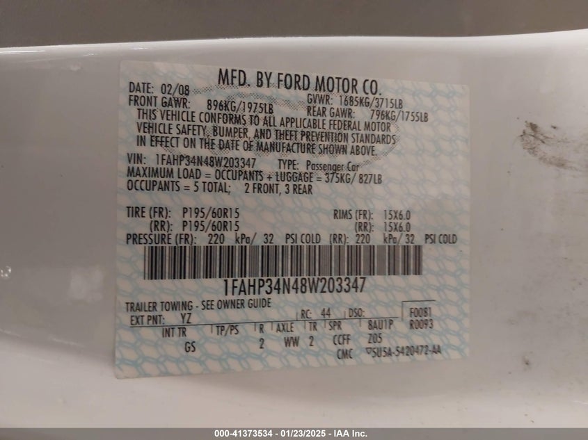 2008 FORD FOCUS VIN: 1FAHP34N48W203347