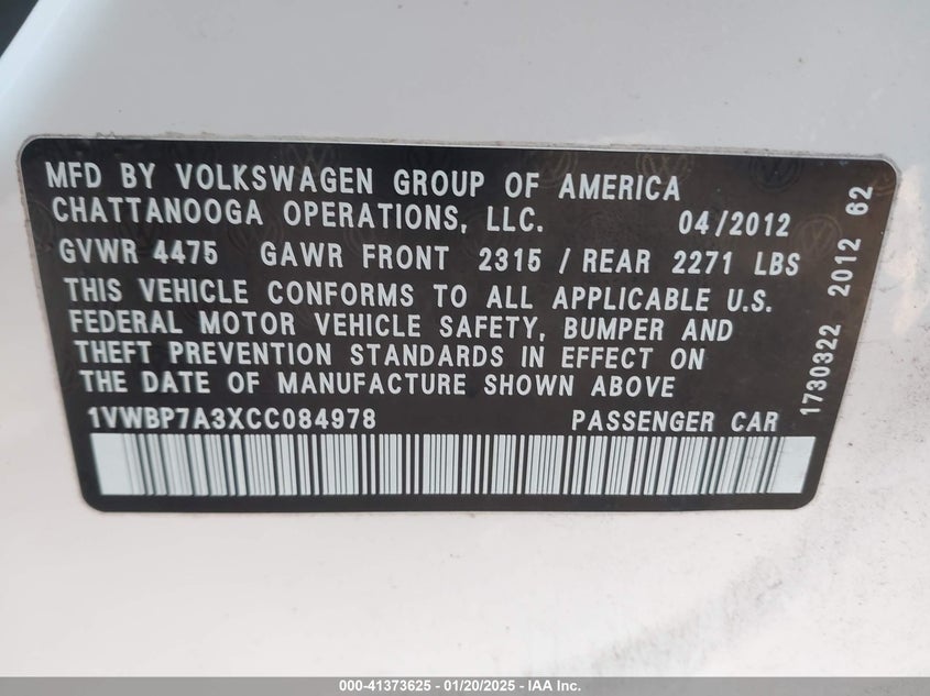 2012 VOLKSWAGEN PASSAT VIN: 1VWBP7A3XCC084978
