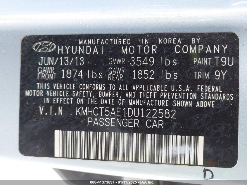 VIN KMHCT5AE1DU122582 2013 Hyundai Accent, GS no.9