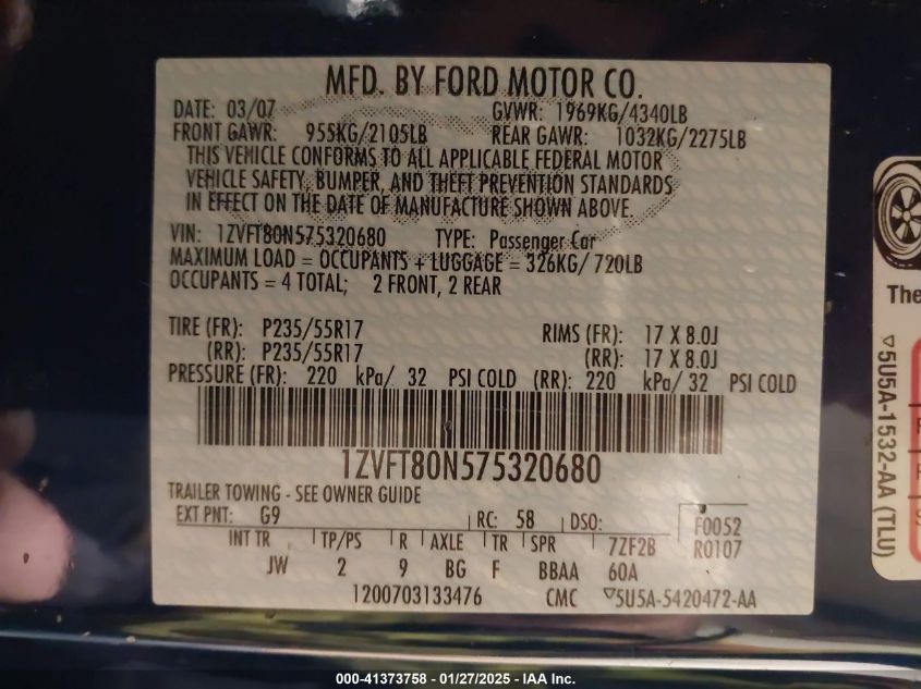 2007 Ford Mustang VIN: 1ZVFT80N575320680 Lot: 41373758