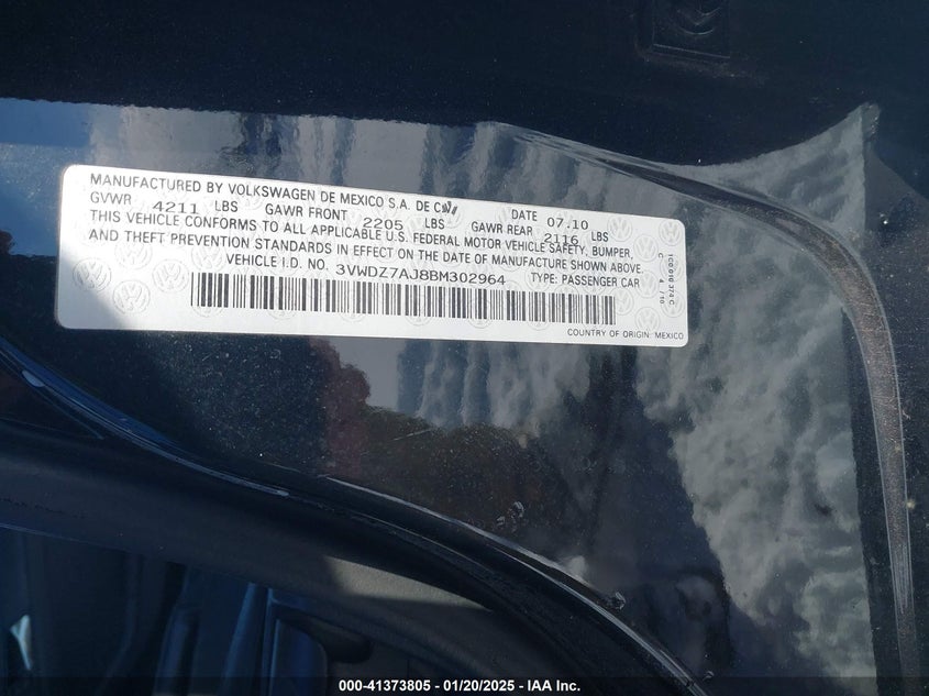 2011 VOLKSWAGEN JETTA VIN: 3VWDZ7AJ8BM302964