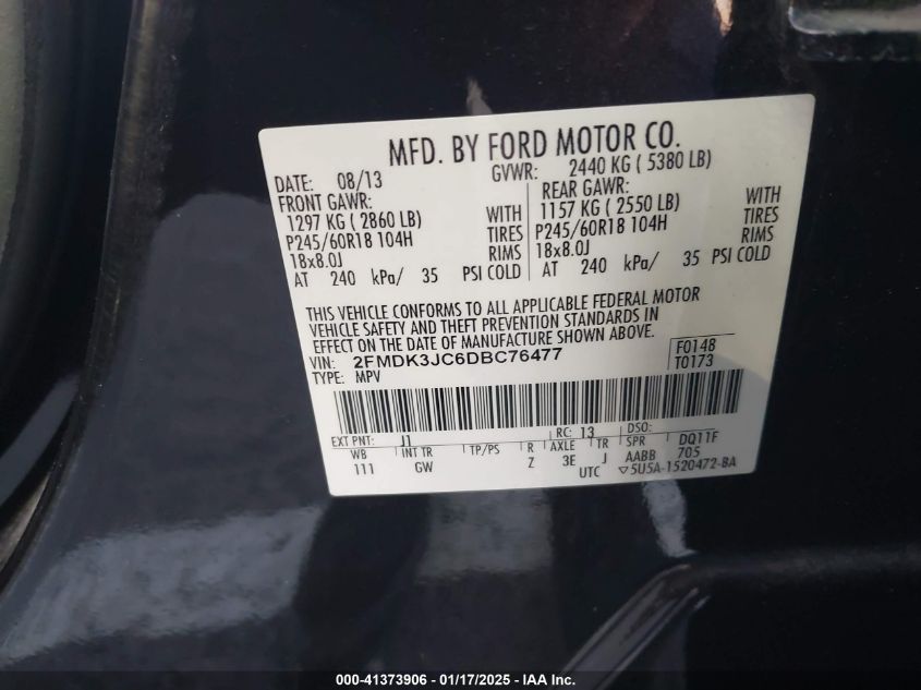 VIN 2FMDK3JC6DBC76477 2013 Ford Edge, Sel no.9