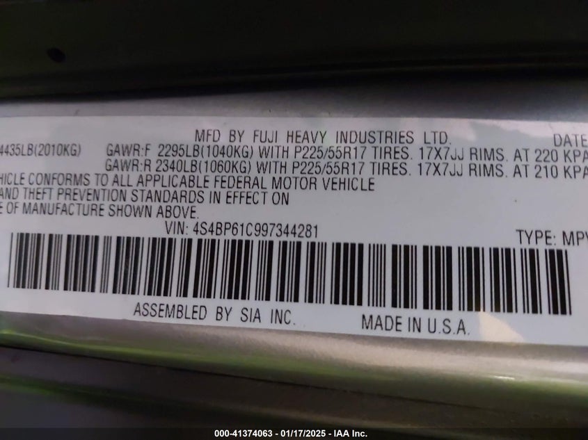 2009 SUBARU OUTBACK VIN: 4S4BP61C997344281