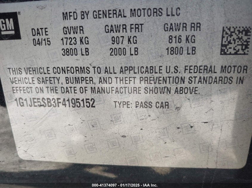 2015 CHEVROLET SONIC VIN: 1G1JE5SB3F4195152