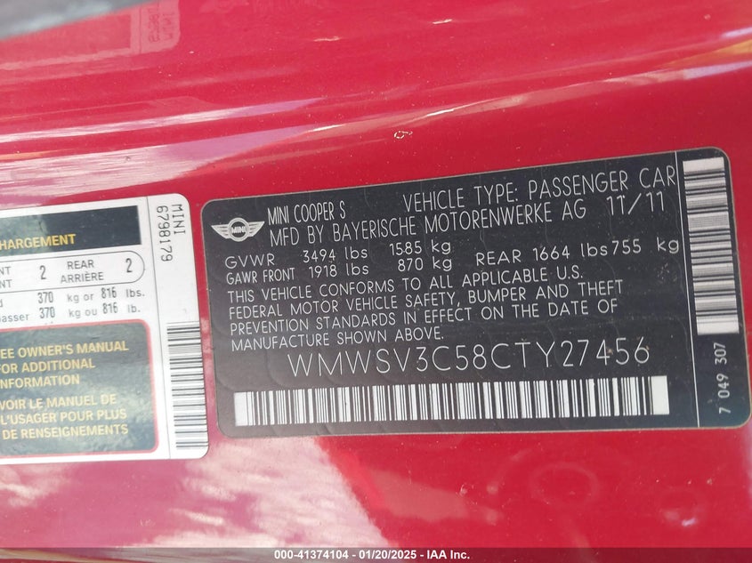 2012 MINI COOPER S VIN: WMWSV3C58CTY27456