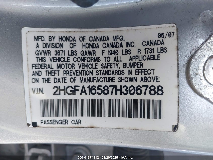 2007 HONDA CIVIC VIN: 2HGFA16587H306788