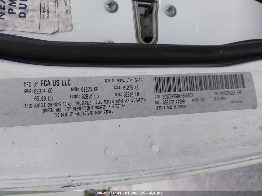 2019 Dodge Charger Sxt Rwd VIN: 2C3CDXBG8KH640853 Lot: 41374141