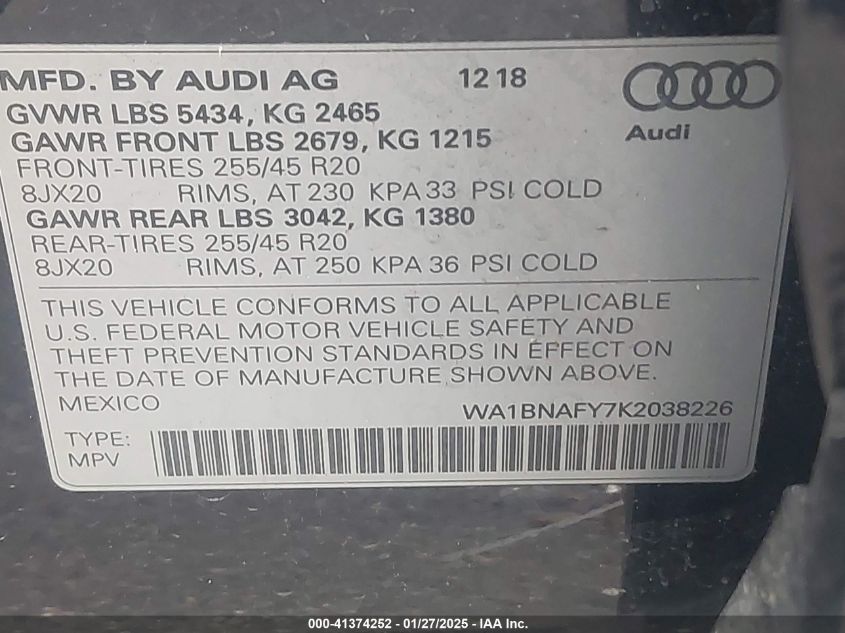 2019 Audi Q5 45 Premium VIN: WA1BNAFY7K2038226 Lot: 41374252