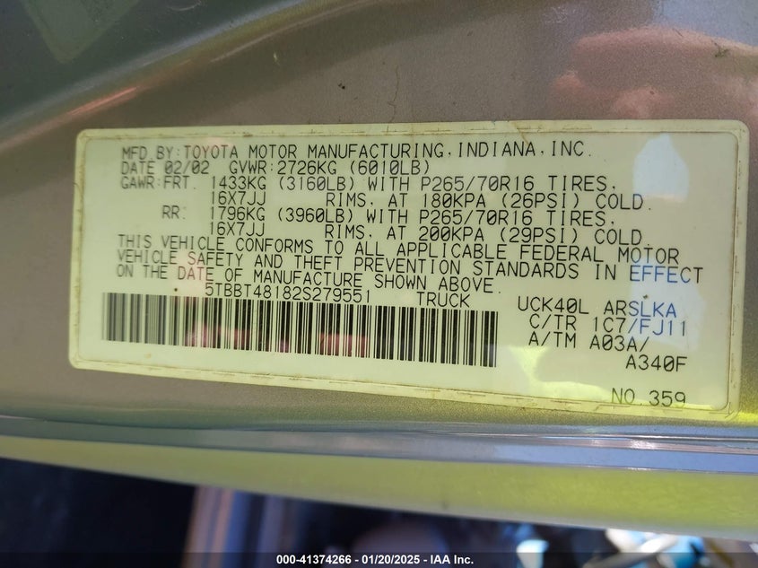 2002 Toyota Tundra Ltd V8 VIN: 5TBBT48182S279551 Lot: 41374266