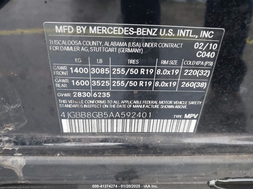 2010 Mercedes-Benz Ml 350 4Matic VIN: 4JGBB8GB5AA592401 Lot: 41374274
