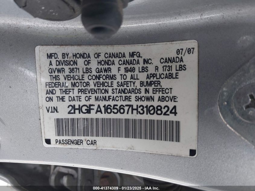 2007 Honda Civic Lx VIN: 2HGFA16567H310824 Lot: 41374309