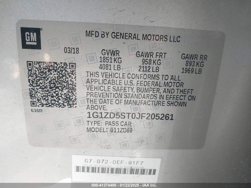 2018 CHEVROLET MALIBU VIN: 1G1ZD5ST0JF205261
