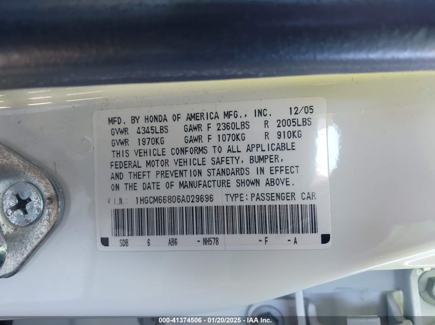 2006 HONDA ACCORD VIN: 1HGCM66806A029696