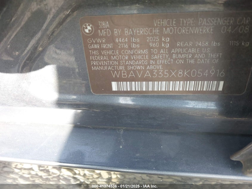 2008 BMW 328 VIN: WBAVA335X8K054916