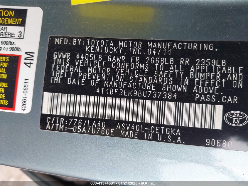 2011 TOYOTA CAMRY VIN: 4T1BF3EK9BU737384