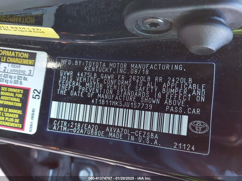2018 TOYOTA CAMRY VIN: 4T1B11HK5JU157739