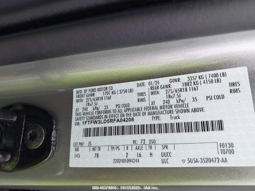 2024 FORD F-150 VIN: 1FTFW3LD5RFA04208