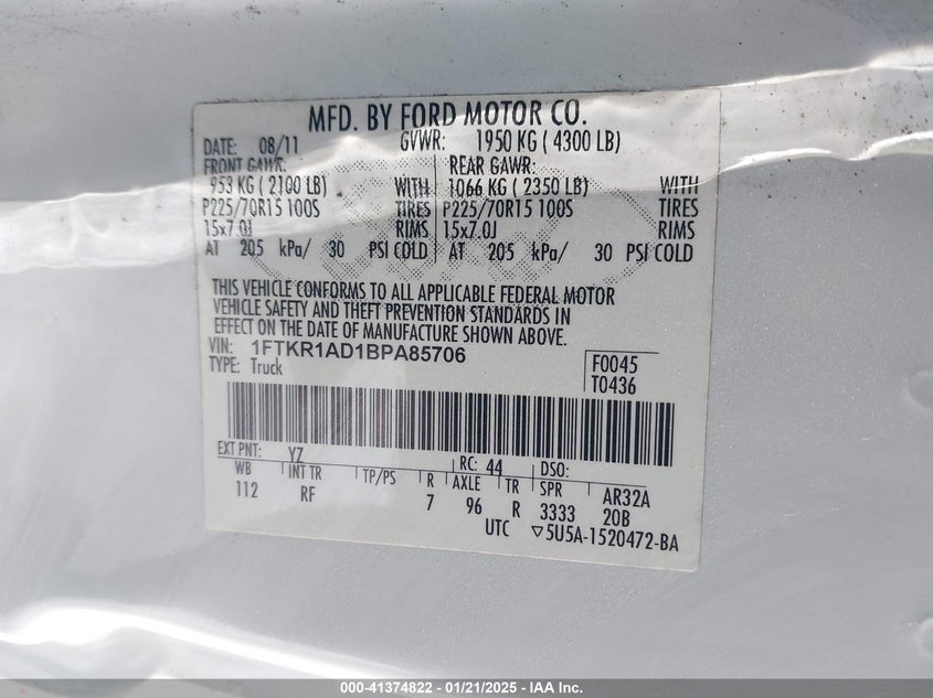 2011 FORD RANGER VIN: 1FTKR1AD1BPA85706