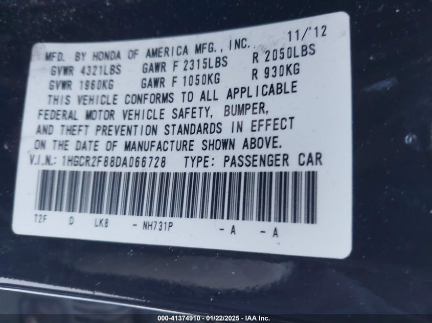 2013 HONDA ACCORD VIN: 1HGCR2F88DA066728