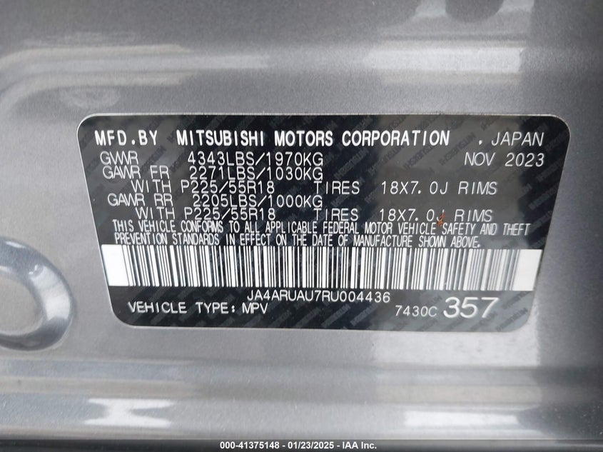 2024 MITSUBISHI OUTLANDER SPORT 2.0 ES AWC/2.0 RALLIART AWC/2.0 S AWC/ES/LE/RALLIART/S/SE/TRAIL EDITION VIN: JA4ARUAU7RU004436