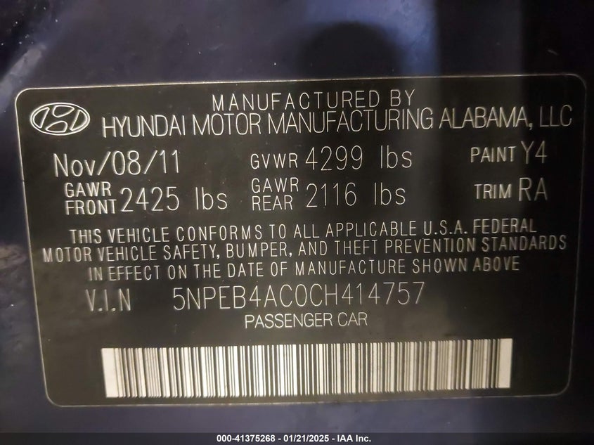 2012 HYUNDAI SONATA VIN: 5NPEB4AC0CH414757
