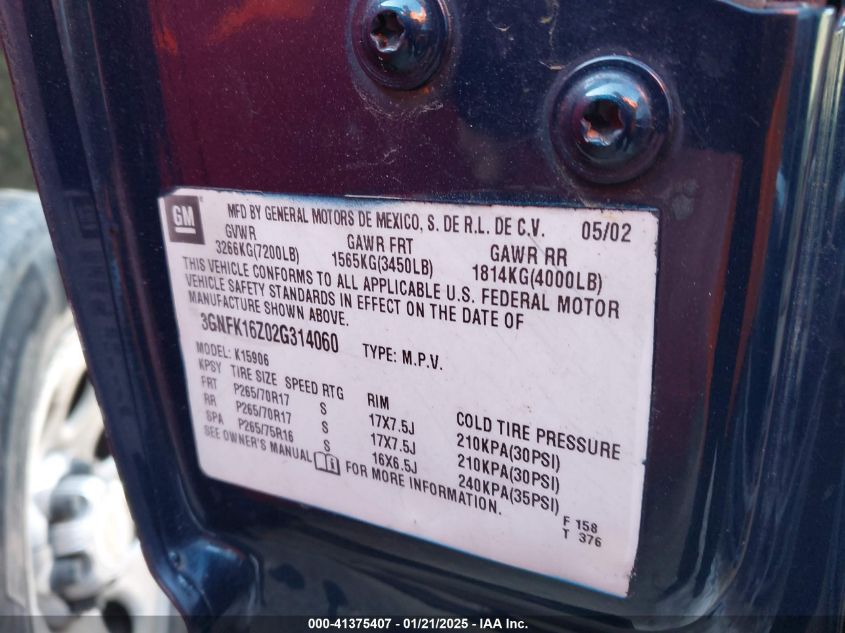 2002 Chevrolet Suburban 1500 Z71 VIN: 3GNFK16Z02G314060 Lot: 41375407