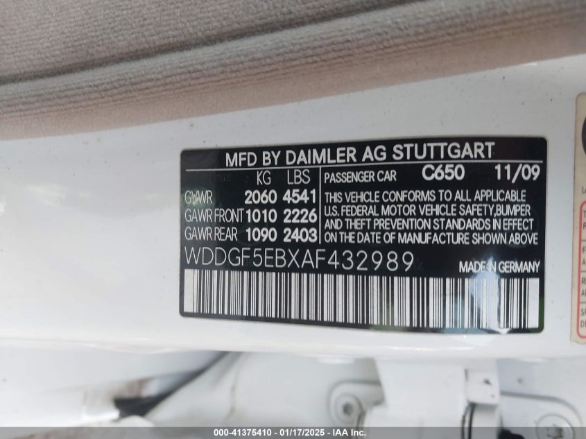 2010 Mercedes-Benz C 300 Luxury/Sport VIN: WDDGF5EBXAF432989 Lot: 41375410