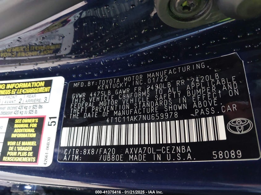 2022 TOYOTA CAMRY VIN: 4T1C11AK7NU659978