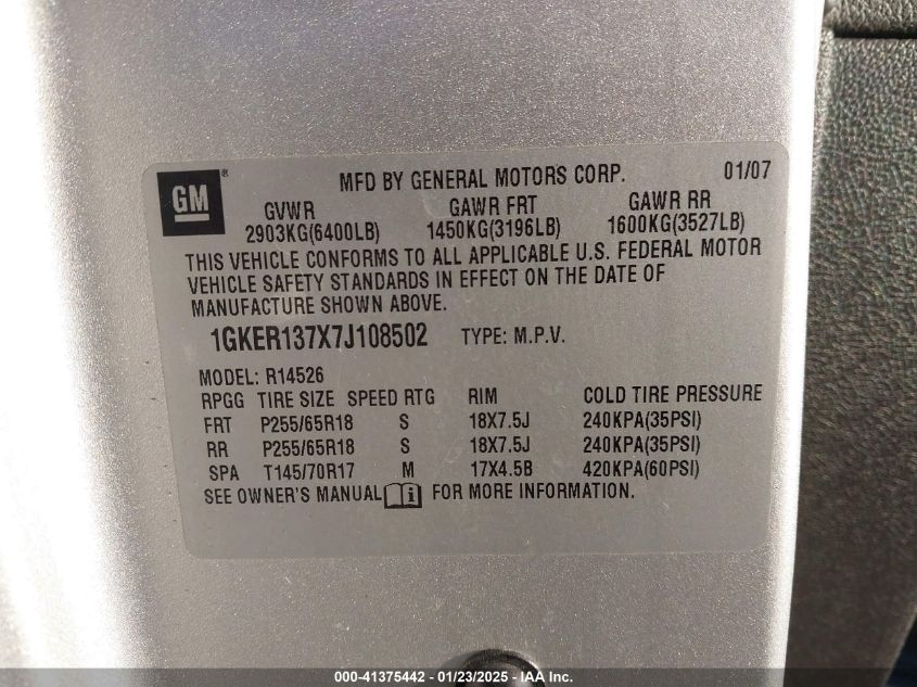 2007 GMC Acadia Sle-1 VIN: 1GKER137X7J108502 Lot: 41375442