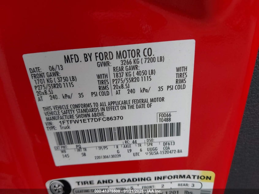 2013 FORD F-150 VIN: 1FTFW1ET7DFC86370