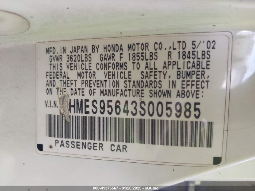 2003 Honda Civic Hybrid VIN: JHMES95643S005985 Lot: 41375567