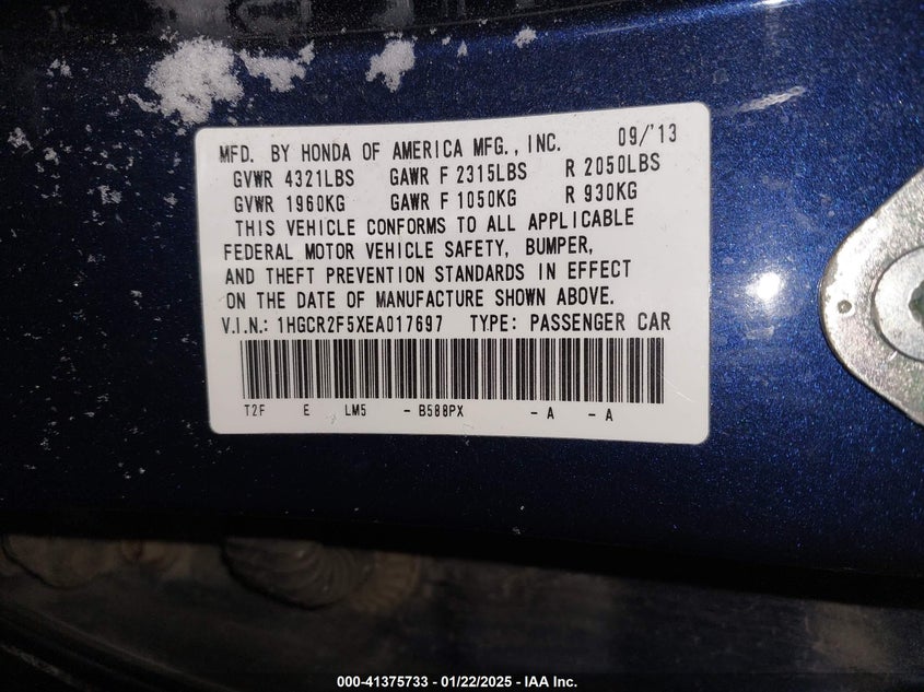 2014 HONDA ACCORD VIN: 1HGCR2F5XEA017697