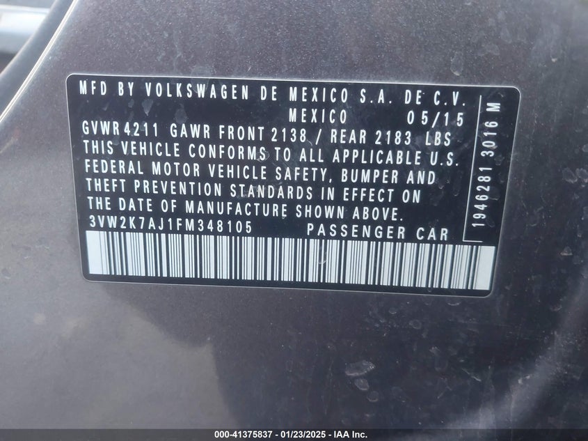 2015 VOLKSWAGEN JETTA VIN: 3VW2K7AJ1FM348105