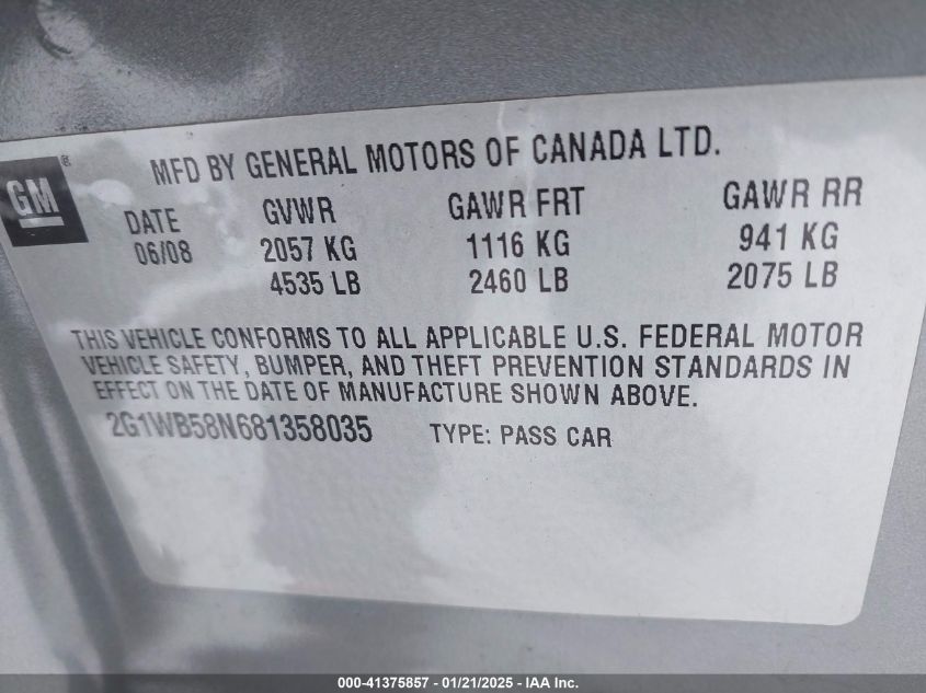 2008 Chevrolet Impala Ls VIN: 02G1WB58N68135803 Lot: 41375857