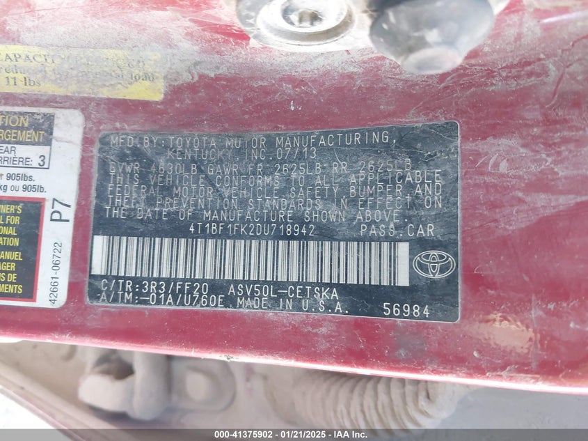 2013 TOYOTA CAMRY VIN: 4T1BF1FK2DU718942
