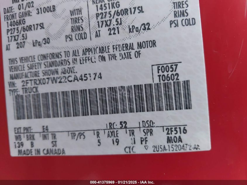 2002 Ford F-150 Lariat/Xl/Xlt VIN: 2FTRX07W22CA45174 Lot: 41375969