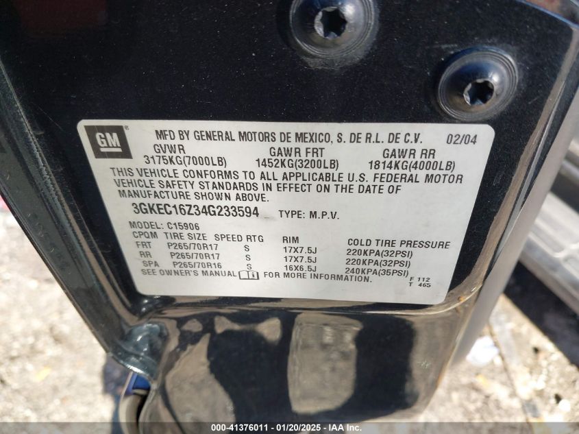 2004 GMC Yukon Xl 1500 Slt VIN: 3GKEC16Z34G233594 Lot: 41376011