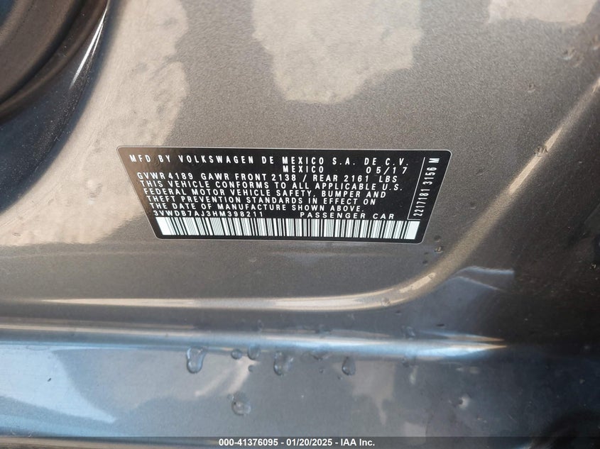 2017 VOLKSWAGEN JETTA VIN: 3VWDB7AJ3HM398211