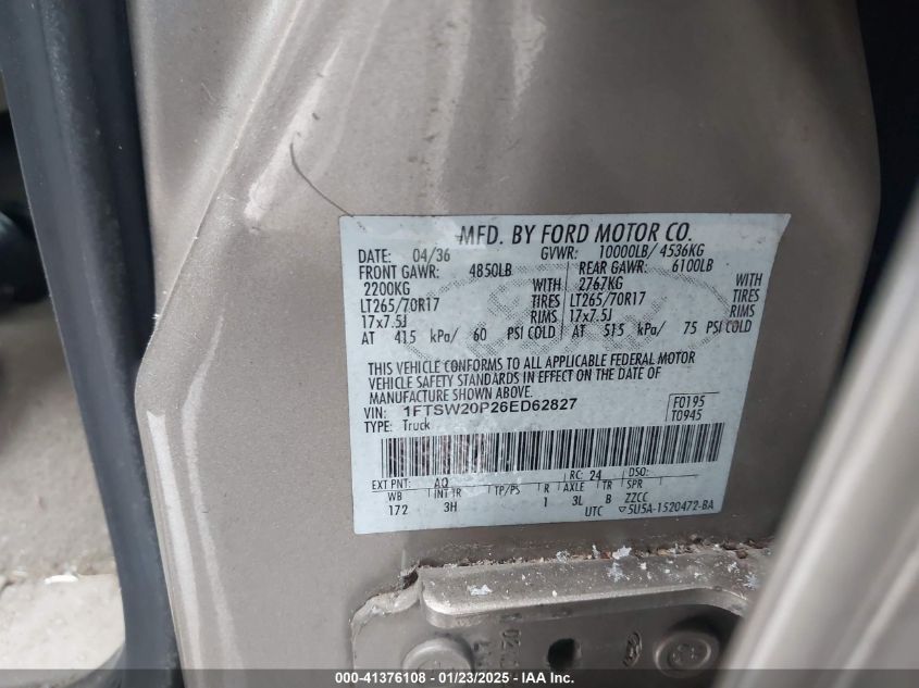 2006 Ford F-250 Lariat/Xl/Xlt VIN: 1FTSW20P26ED62827 Lot: 41376108