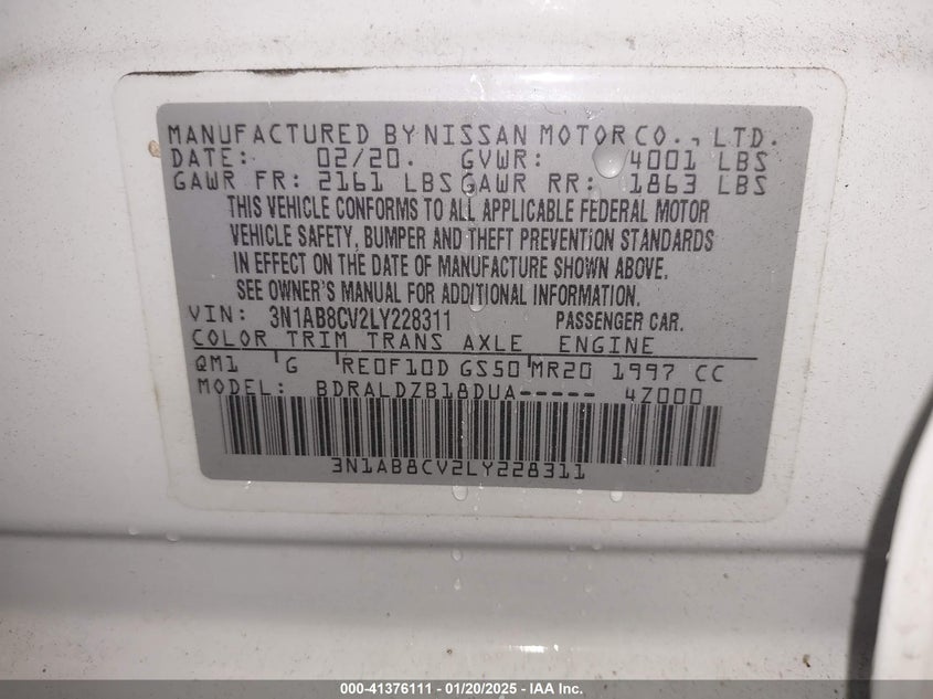 2020 NISSAN SENTRA VIN: 3N1AB8CV2LY228311