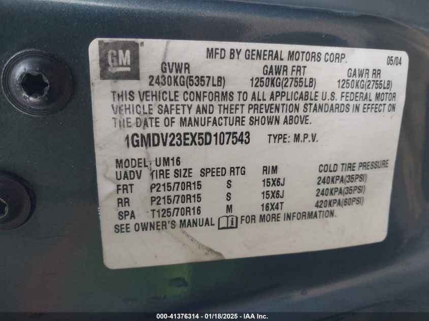 2005 Pontiac Montana M16 W/1Sa Pkg. VIN: 1GMDV23EX5D107543 Lot: 41376314